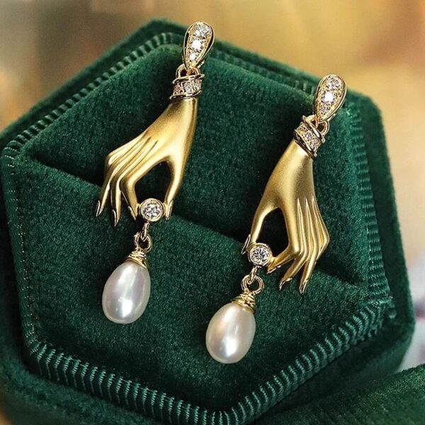 Gold Gilded Hand Earrings Holding Crystal and Pearl Teardrop (3)