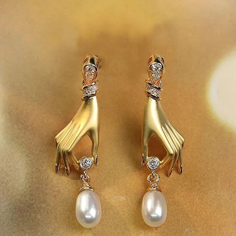 Gold Gilded Hand Earrings Holding Crystal and Pearl Teardrop (4)