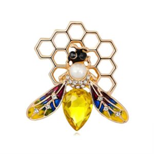Golden Honeycomb Bee Brooch with Enamel Wings & Gemstone Drop