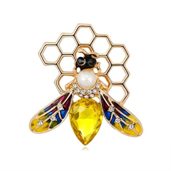 Golden Honeycomb Bee Brooch with Enamel Wings & Gemstone Drop