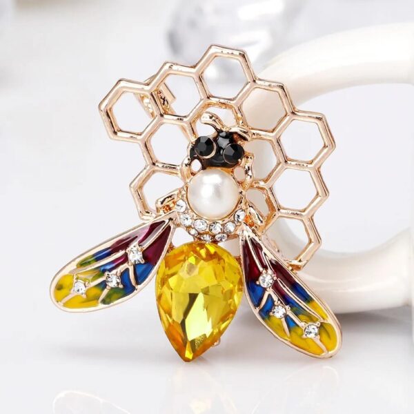 Golden Honeycomb Bee Brooch with Wings & Drop (1)