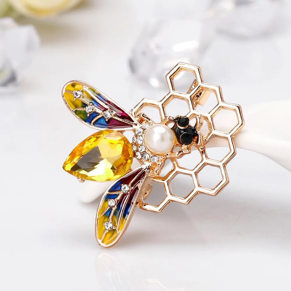 Golden Honeycomb Bee Brooch with Wings & Drop (3)