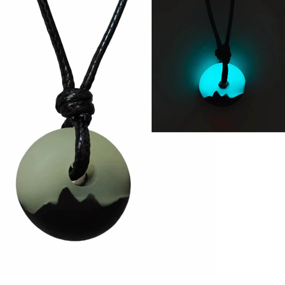 Blue Glow Disc Pendant Necklace With Mountain Edge Design Blue Glow Disc Pendant Necklace With Mountain Edge Design