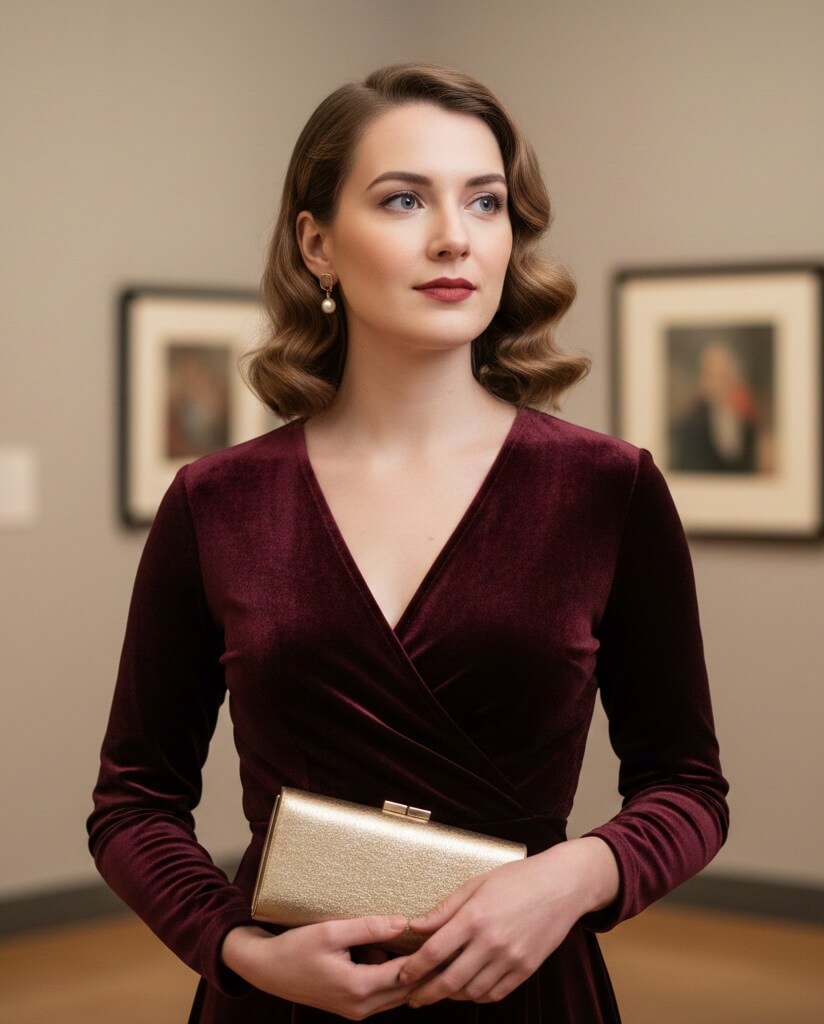 Matte burgundy velvet dress paired with brushed gold clutch and low shine earrings