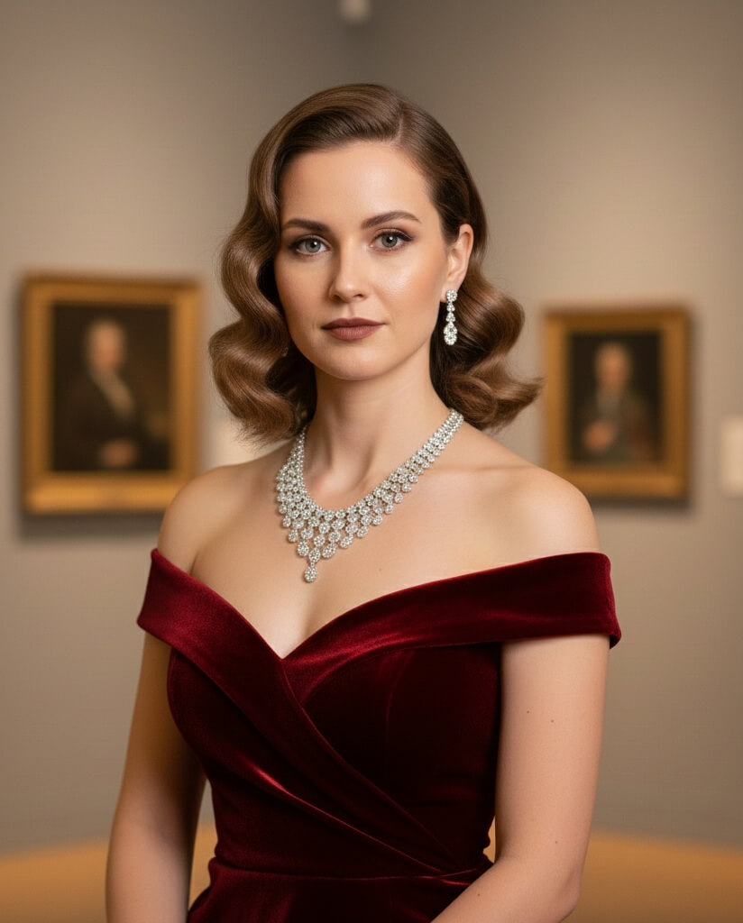 Burgundy off shoulder velvet dress with diamond necklace and neutral gemstone contrast