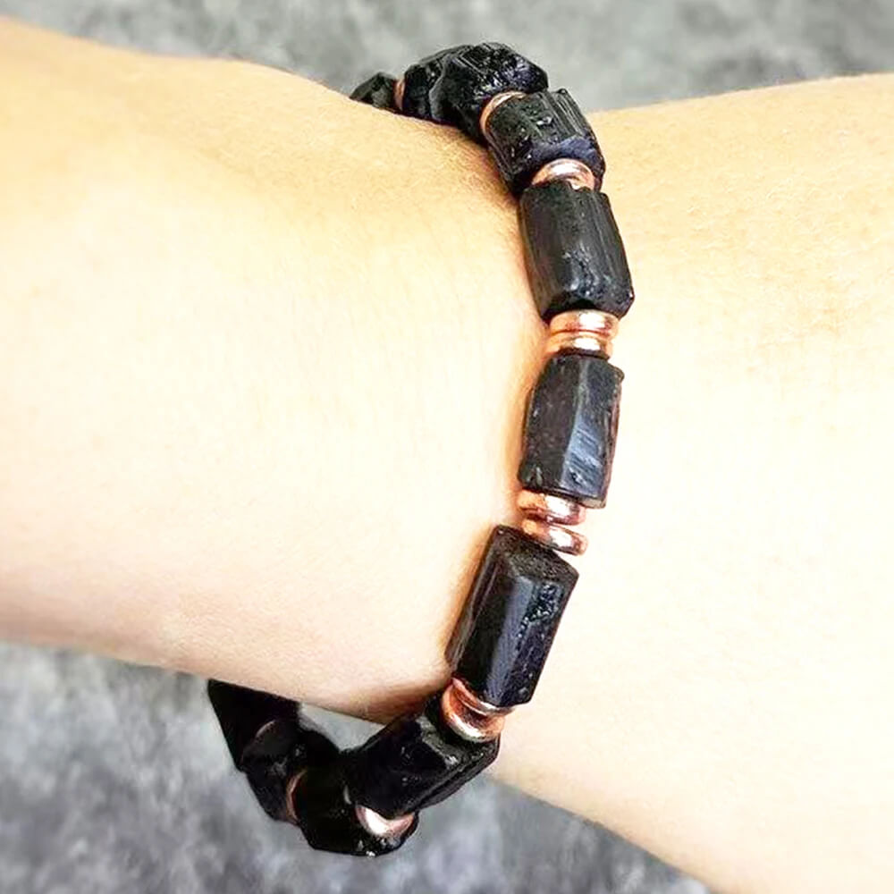 Raw Black Stone Stretch Bracelet Copper Spacers Raw Black Stone Stretch Bracelet Copper Spacers