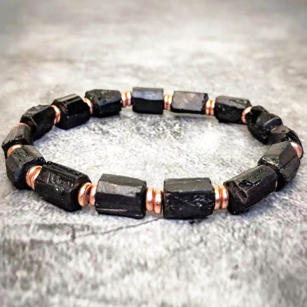 Raw Black Stone Stretch Bracelet with Copper Spacers Raw Black Stone Stretch Bracelet with Copper Spacers