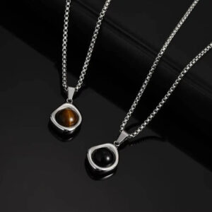 Stainless Steel Irregular Tiger Eye Stone Pendant Necklace