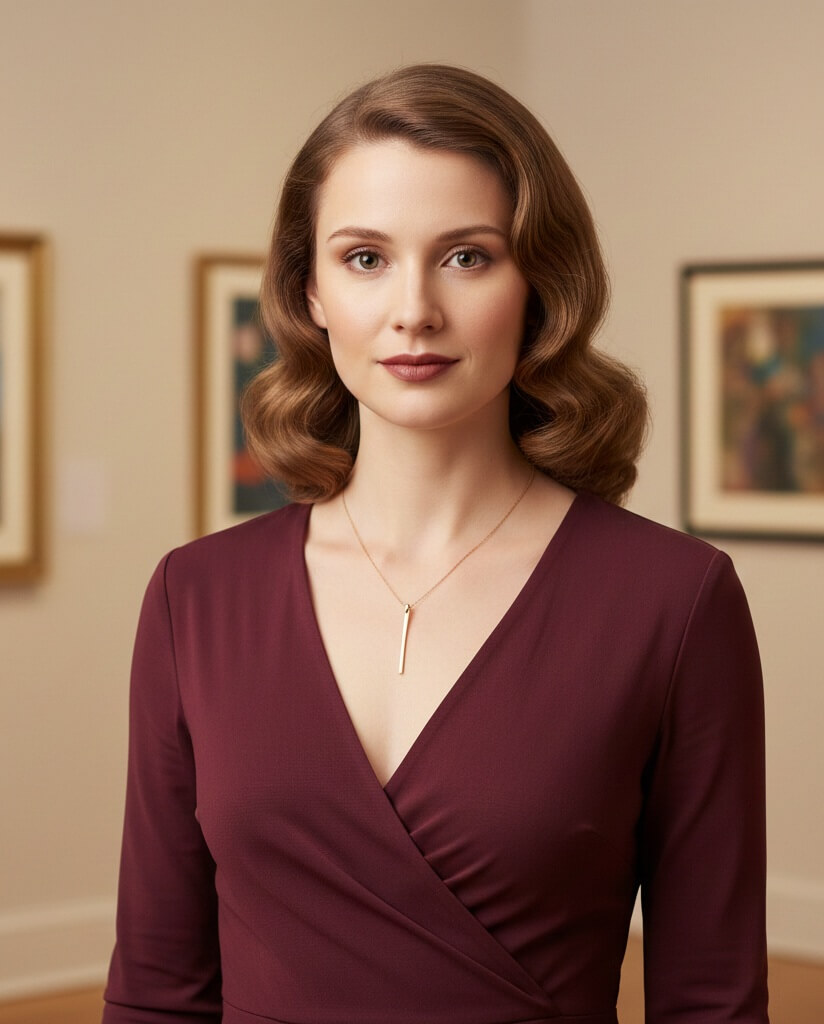 Burgundy V neck dress with single necklace under indoor light