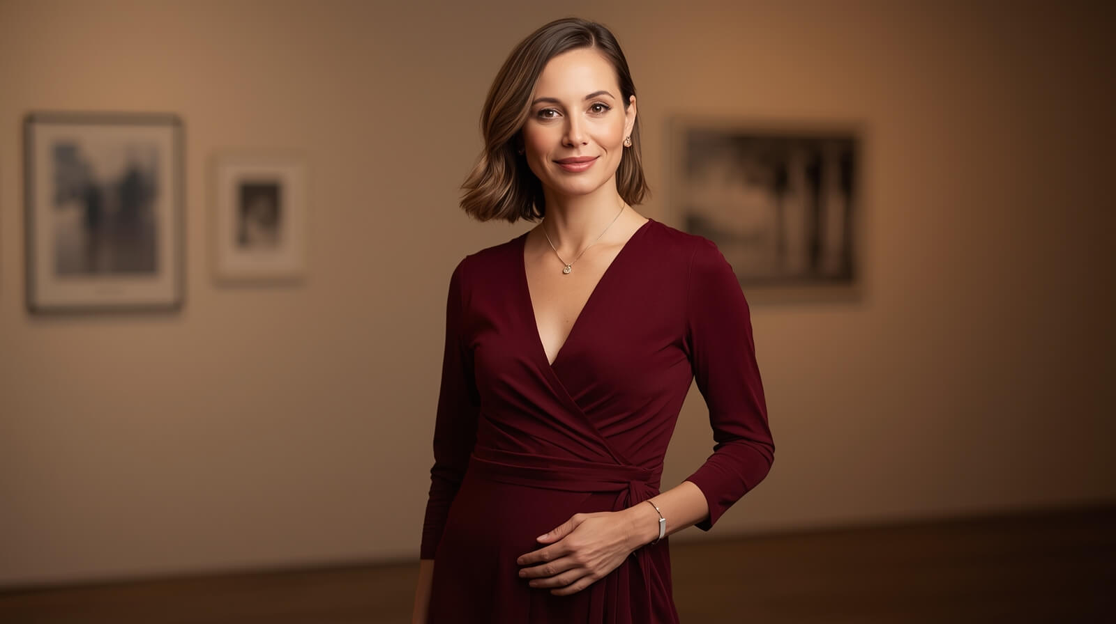 Burgundy wrap dress with minimal gold jewelry under warm indoor lighting