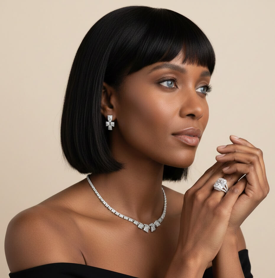 Luxury silver jewelry styled on model for modern elegance