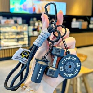 Fitness Keychain with Dumbbell, Weight Plate and Bottle Charms
