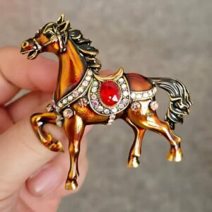 Brown Enamel Horse Brooch with Crystal Accents