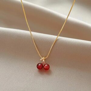 Cherry Pendant Necklace with Double Red Beads