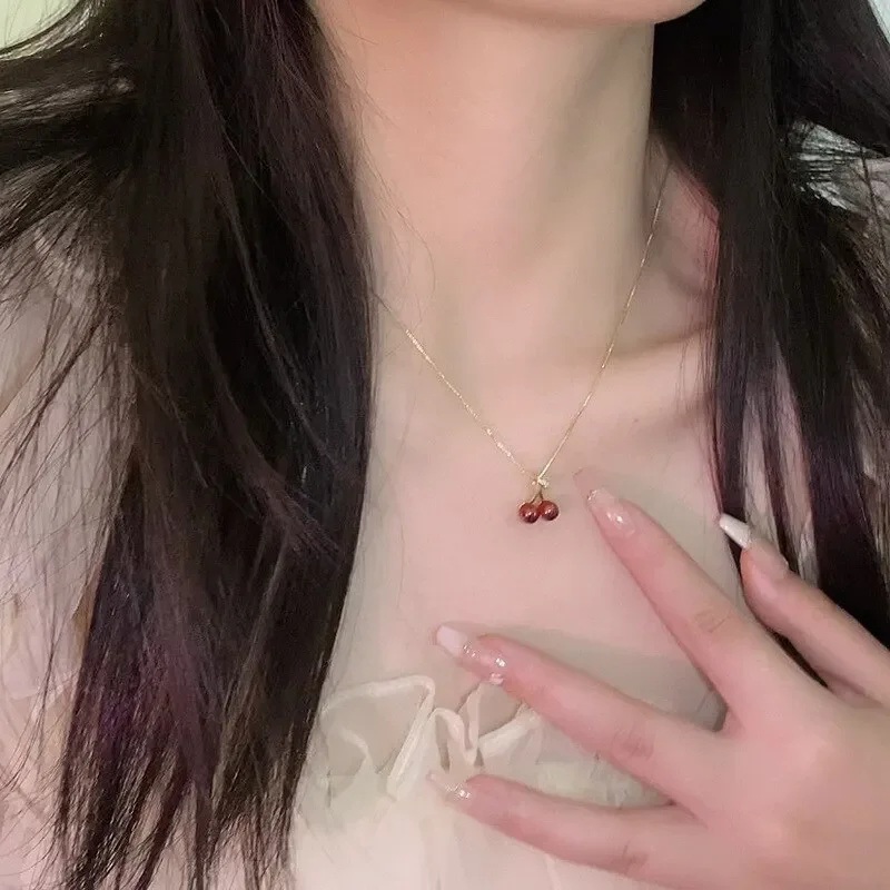 Gold Tone Cherry Pendant Necklace with Red Beads Gold Tone Cherry Pendant Necklace with Red Beads