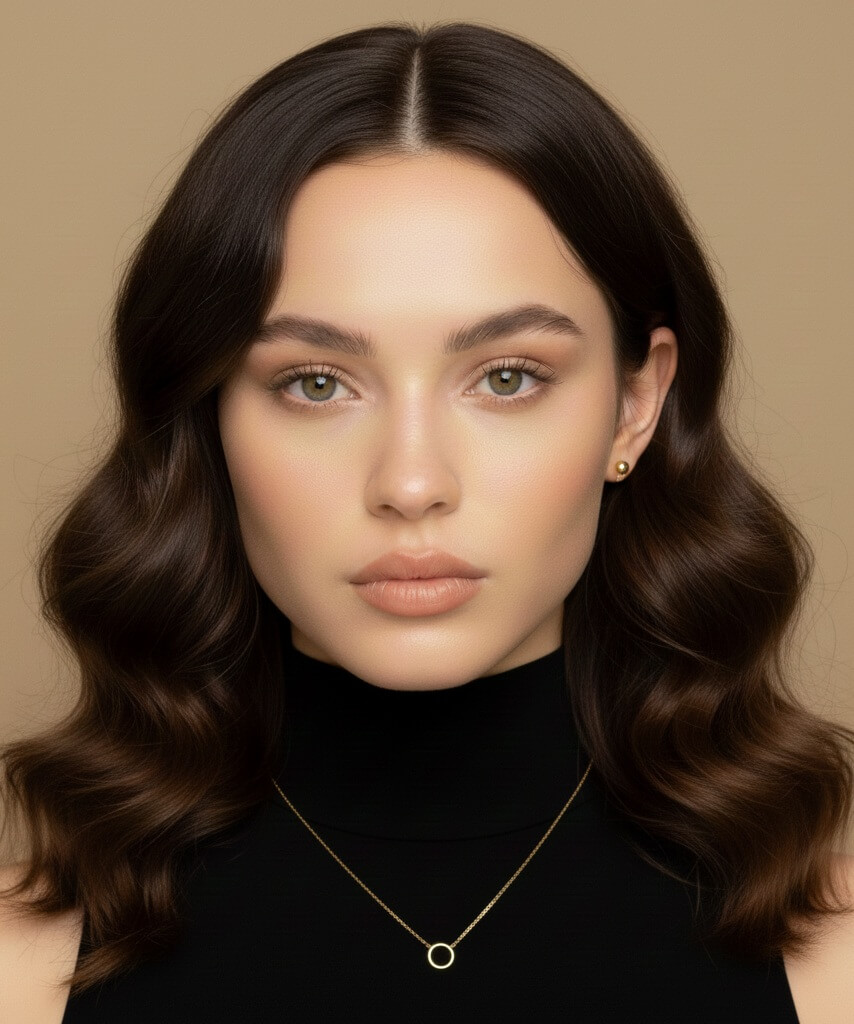 Hair partially covering earrings, interrupting consistent visibility near the face Hair partially covering earrings, interrupting consistent visibility near the face