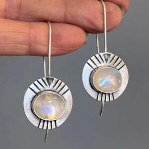 Silver-Tone Engraved Round Moonstone Disc Drop Earrings