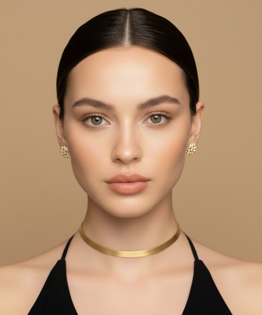 Highly polished earrings reflecting more light than a matte necklace Highly polished earrings reflecting more light than a matte necklace