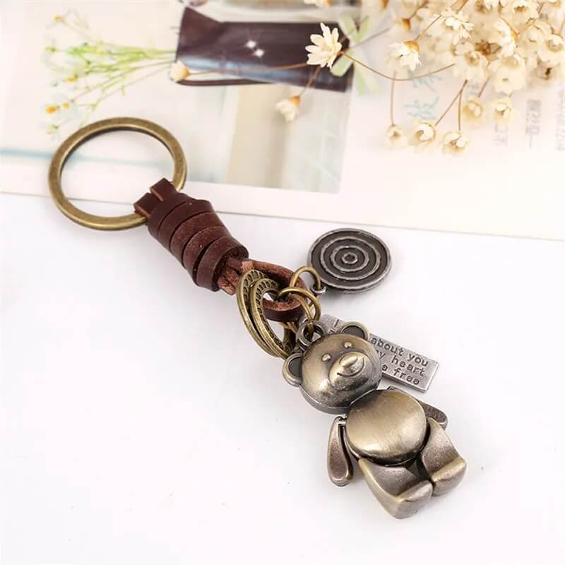 Vintage Bear Keychain with Leather Strap and Engraved Disc Vintage Bear Keychain with Leather Strap and Engraved Disc