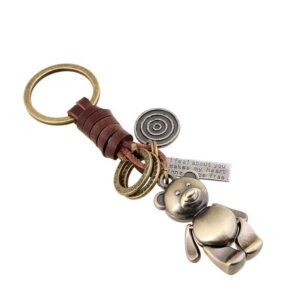 Vintage Metal Bear Keychain with Leather Strap and Engraved Disc