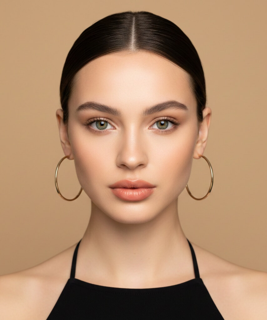 Portrait showing earrings and necklace both visually dominant, creating competition between face and neckline Portrait showing earrings and necklace both visually dominant, creating competition between face and neckline