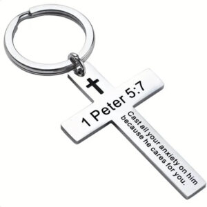 Stainless Steel Cross Keychain with 1 Peter 5 7 Scripture