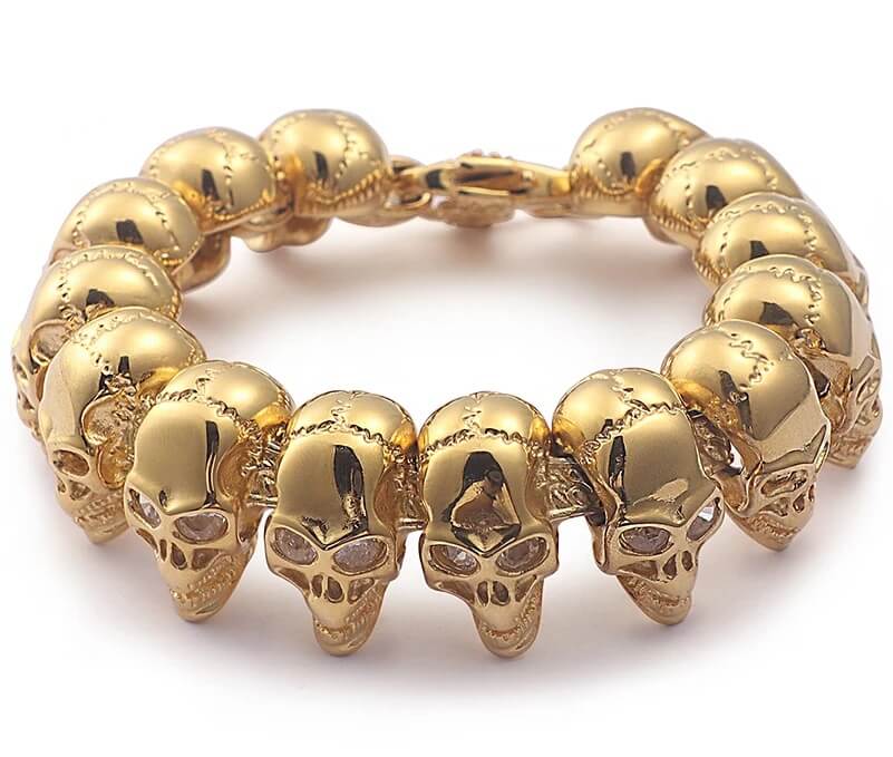 Gold Skull Link Bracelet in Stainless Steel with CZ Eyes