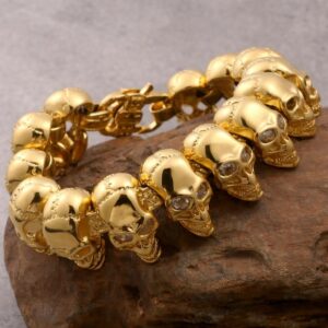 Gold Skull Link Bracelet in Stainless Steel with CZ Stone Eyes