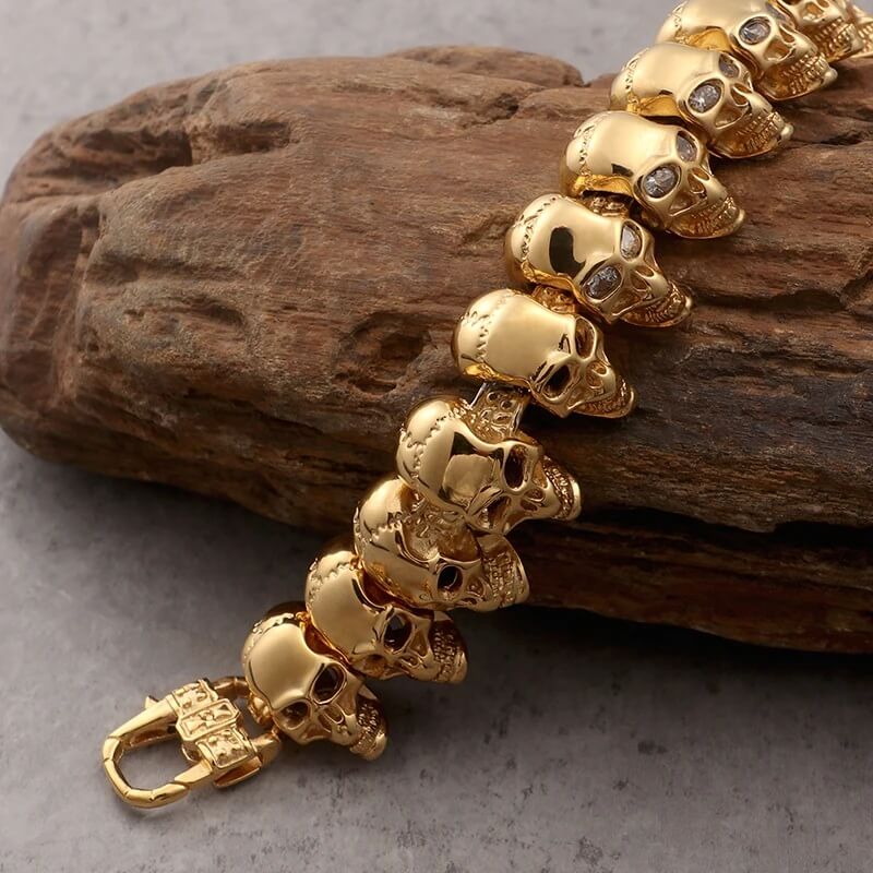 Stainless Steel Gold Skull Link Bracelet with CZ Stone Eyes (1)