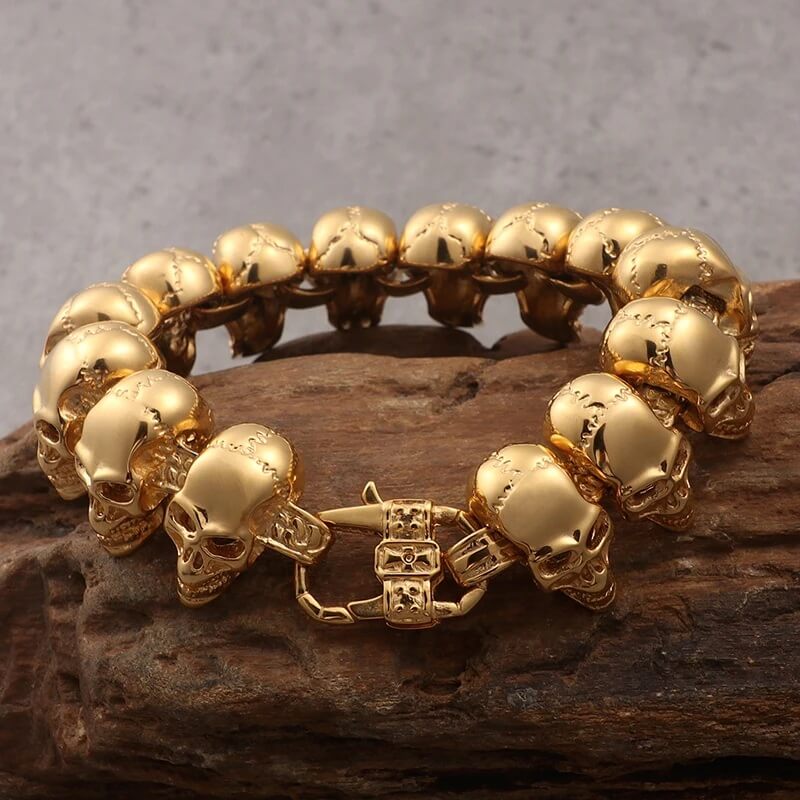 Stainless Steel Gold Skull Link Bracelet with CZ Stone Eyes (2)