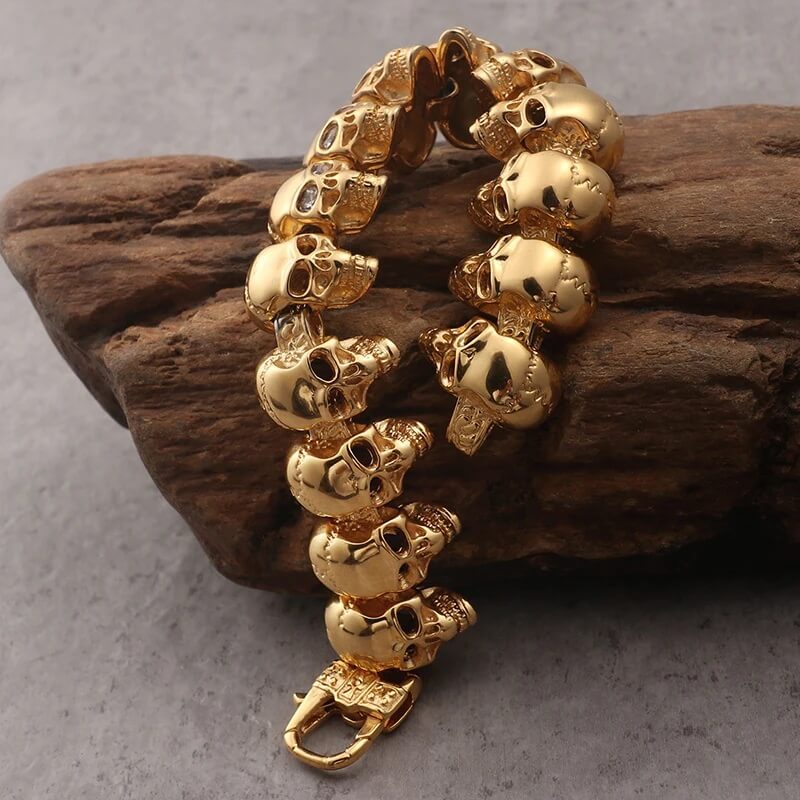 Stainless Steel Gold Skull Link Bracelet with CZ Stone Eyes (3)
