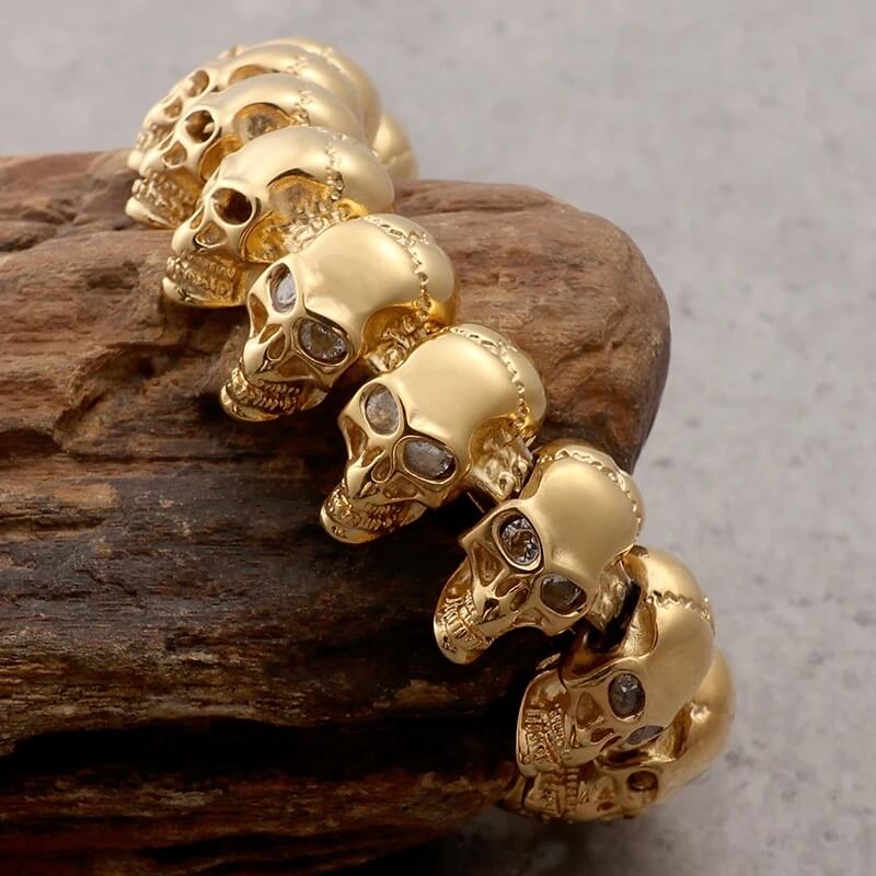 Stainless Steel Gold Skull Link Bracelet with CZ Stone Eyes (4)