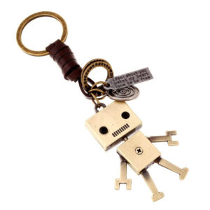 Vintage Bronze Articulated Robot Keychain with Leather Wrap Connector