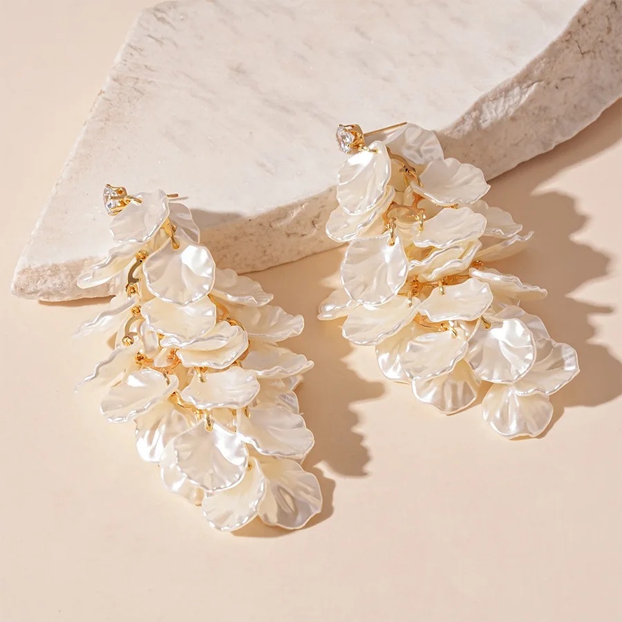 White Shell Floral Petal Drop Earrings with Crystal Stud 3