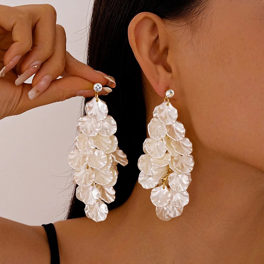 White Shell Floral Petal Drop Earrings with Crystal Stud