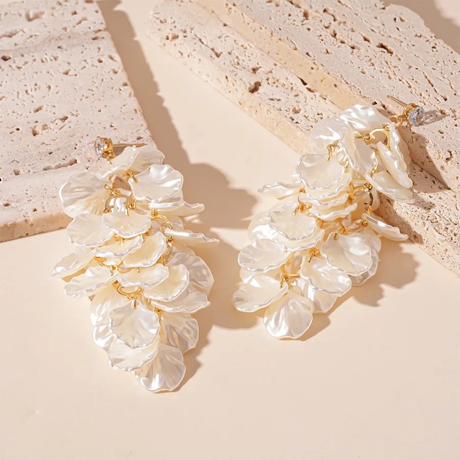 White Shell Petal Drop Earrings with Crystal Stud and Floral Design