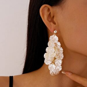 White Shell Petal Drop Earrings with Crystal Stud and Layered Floral Design