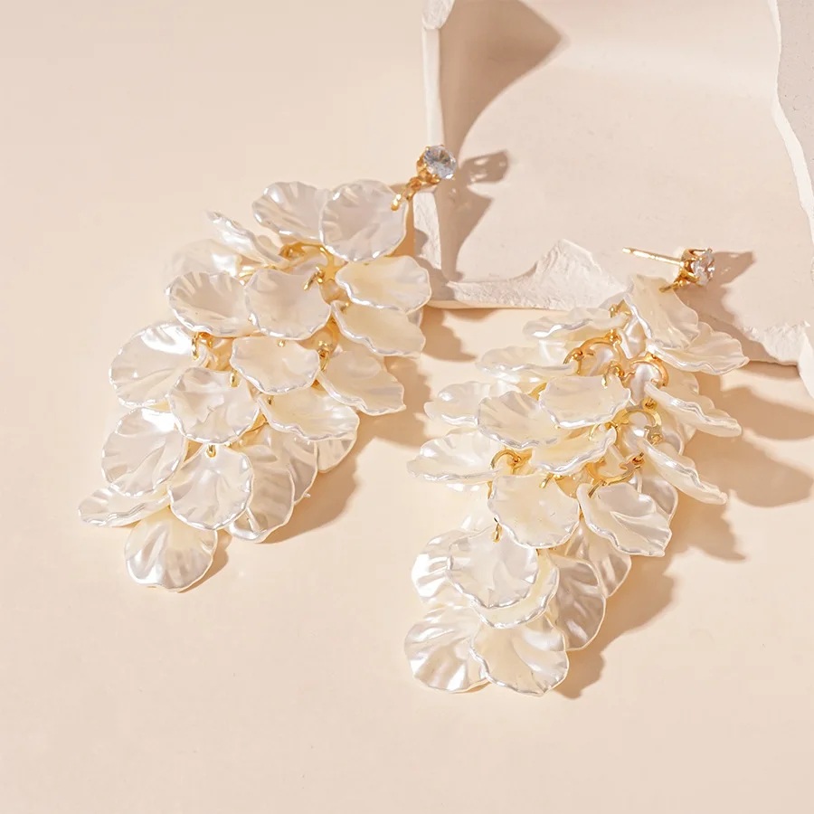 White Shell Petal Drop Earrings with Layered Floral Design