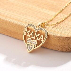 Gold MAMA Double Heart Necklace with Zircon Pavé Pendant