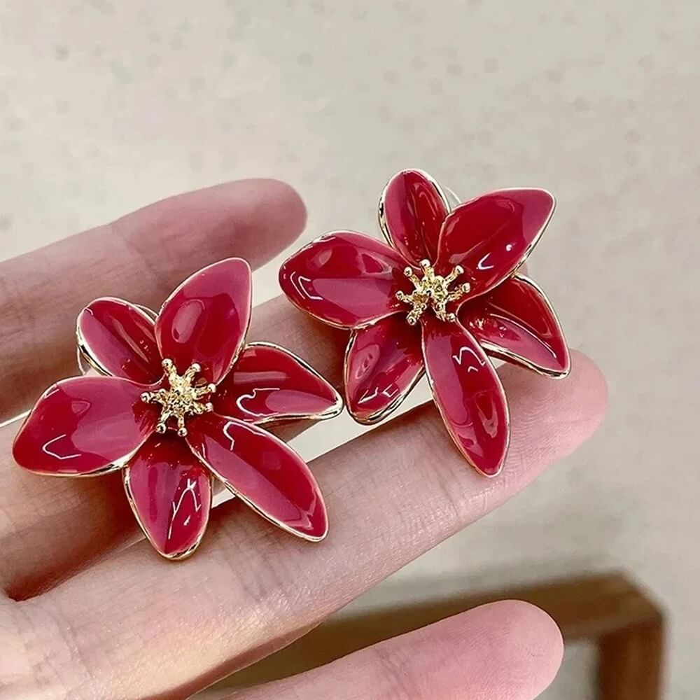 Red Glossy Enamel Six-Petal Flower Stud Earrings (1)