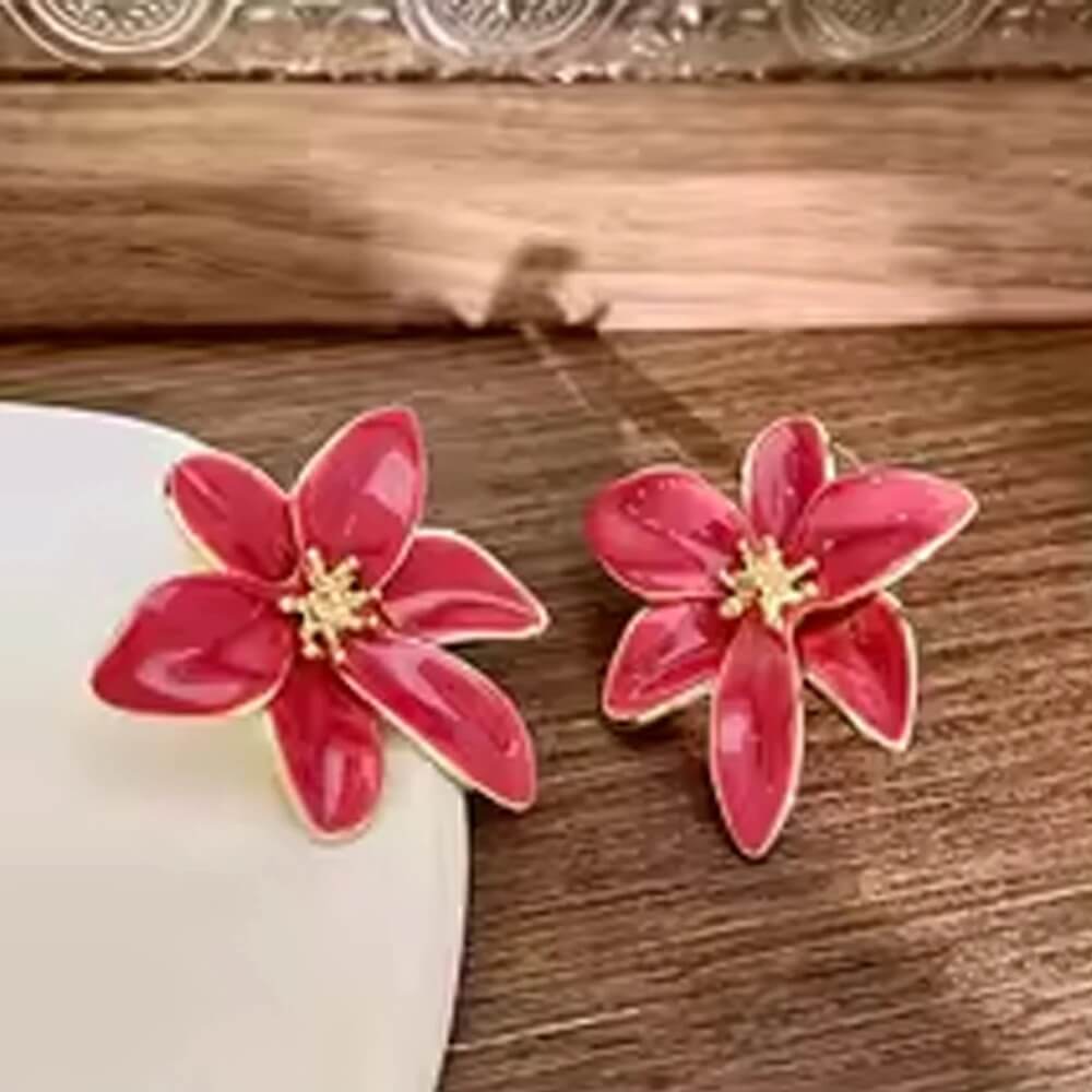 Red Glossy Enamel Six-Petal Flower Stud Earrings (2)