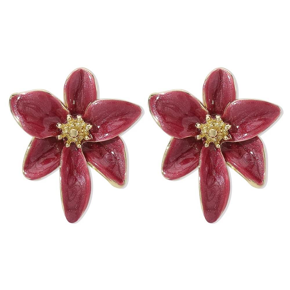 Red Glossy Enamel Six-Petal Flower Stud Earrings (4)