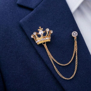 Men’s Rhinestone Crown Chain Lapel Brooch Pin for Wedding Suit