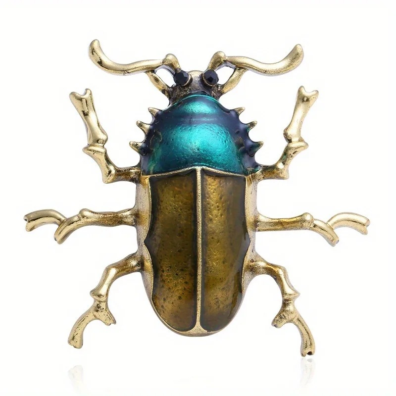 Vintage Beetle Brooch Pin with Iridescent Blue and Bronze Shell