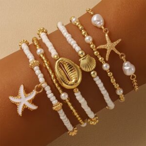 Bohemian Shell Starfish Stackable Bracelet Set for Women