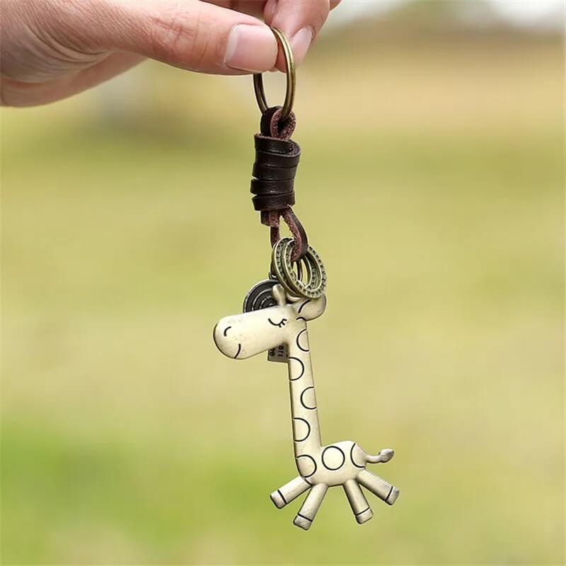 Giraffe Keychain with Leather Loop and Metal Charms, Quote Tag