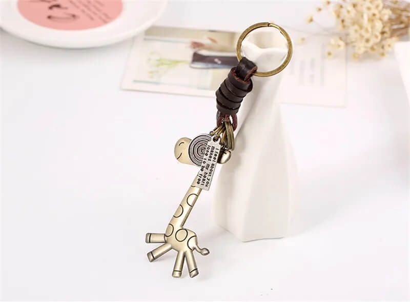 Giraffe Keychain with Leather Loop and Metal Charms