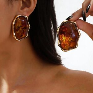 Irregular Glossy Resin Stud Earrings with Gold Tone Frame