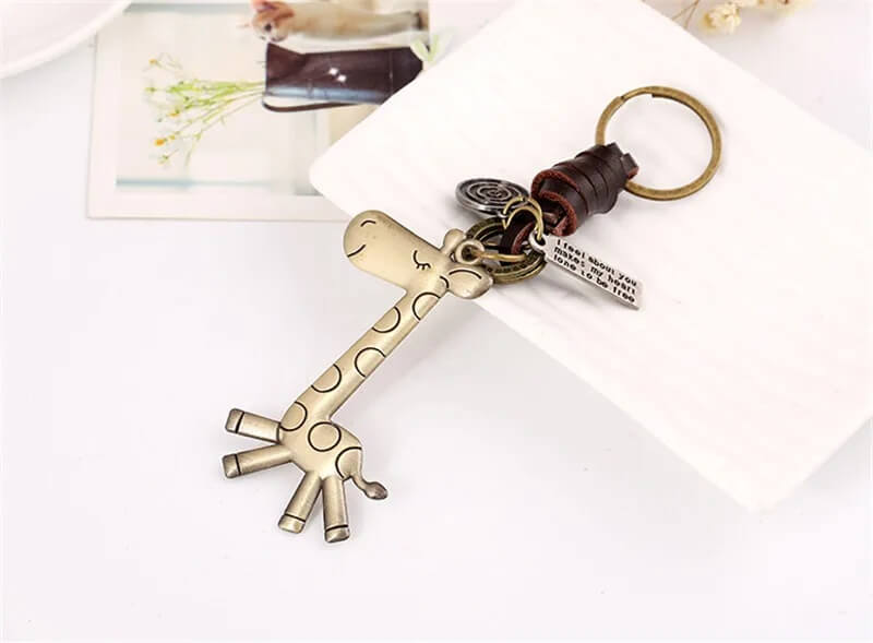 Longneck Giraffe Keychain with Leather Loop, Quote Tag