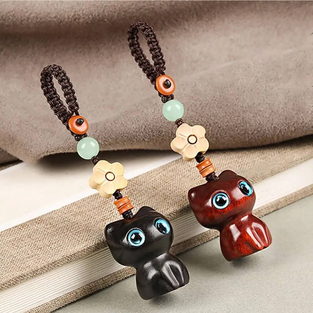 Lucky Sandalwood Cat Keychain with Beaded Flower Charm